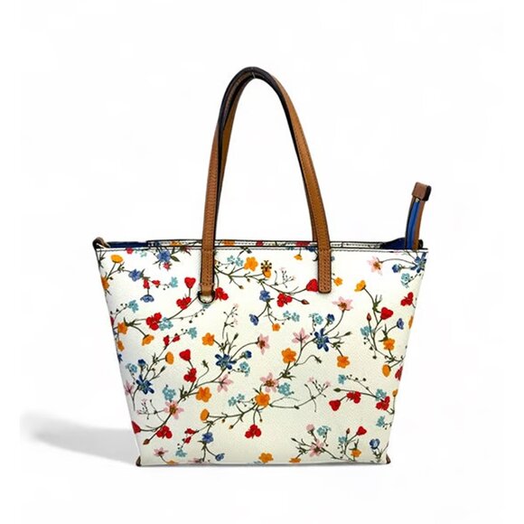 Tory Burch Kerrington Delphi Floral Tote Bag Zip Ivory Shoulder Handbag Purse NW - Picture 1 of 8